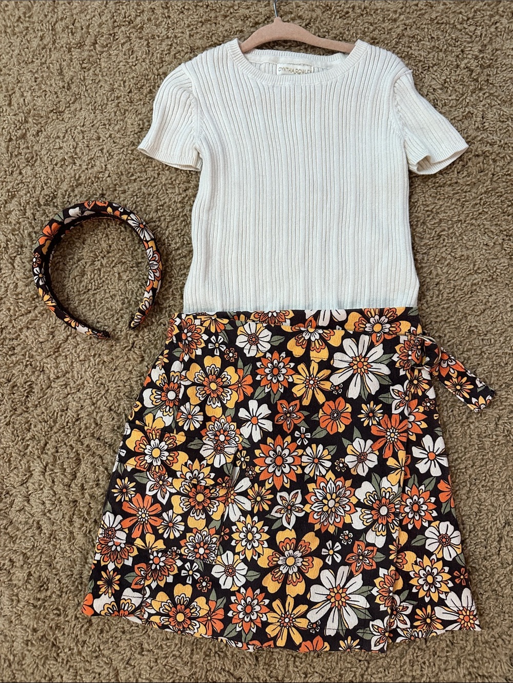 Cynthia Rowley matching set Cream Ribbed Knit Top fall floral skirt & headband